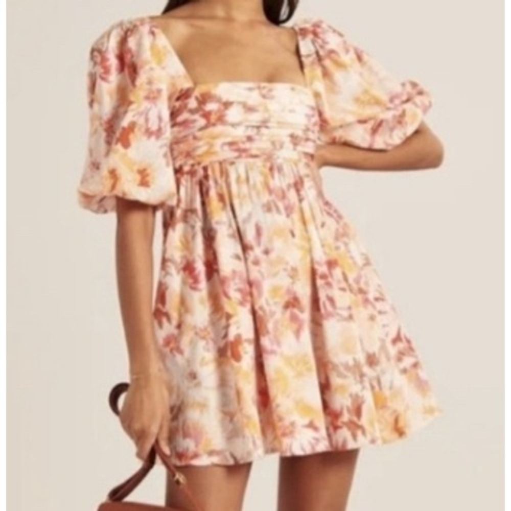Abercrombie & Fitch Floral Puff Sleeve Mini Dress Orange Pink Ruched‎ Smocked XL